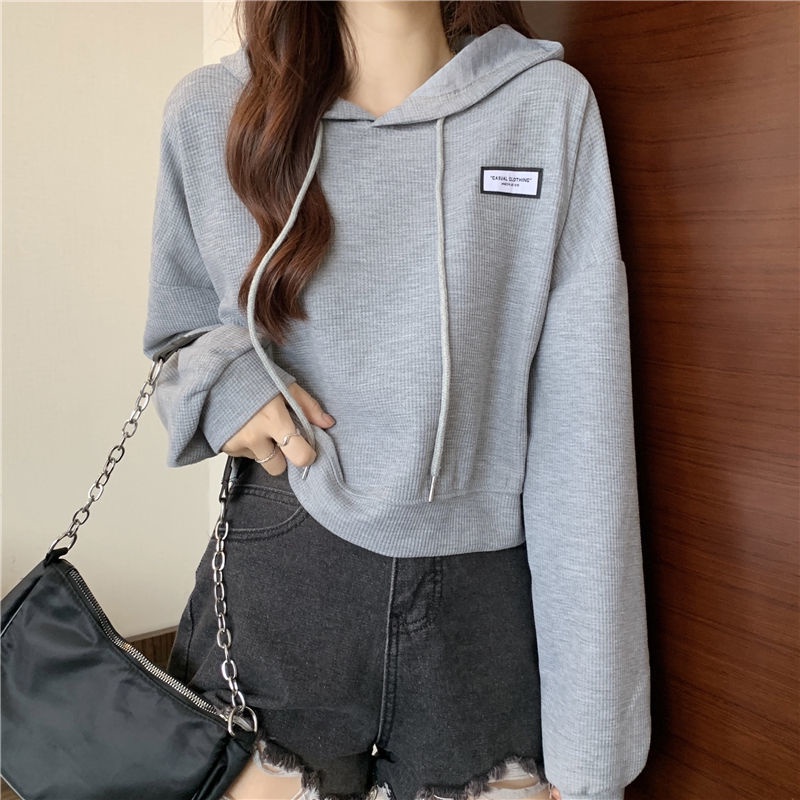Áo Hoodie Lửng Tay Dài Dáng Rộng Phong Cách Hàn Quốc Thời Trang Thu Đông Cho Nữ