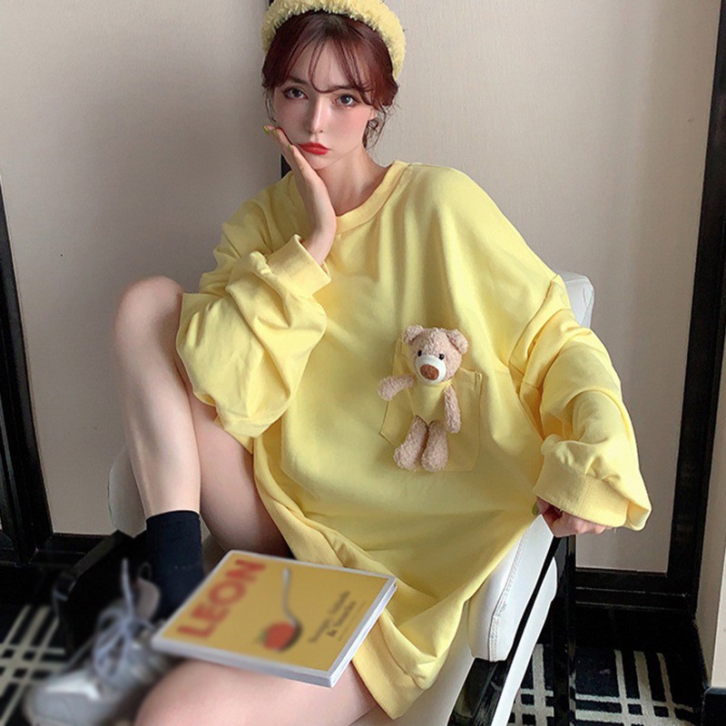 Áo Sweater Tay Dài Dáng Rộng In Hình Gấu Xinh Xắn Phong Cách Hàn Quốc Cho Nữ