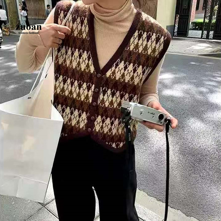 Áo sweater SUXI sát nách cổ chữ V dáng rộng phong cách retro Hàn Quốc cho nữ