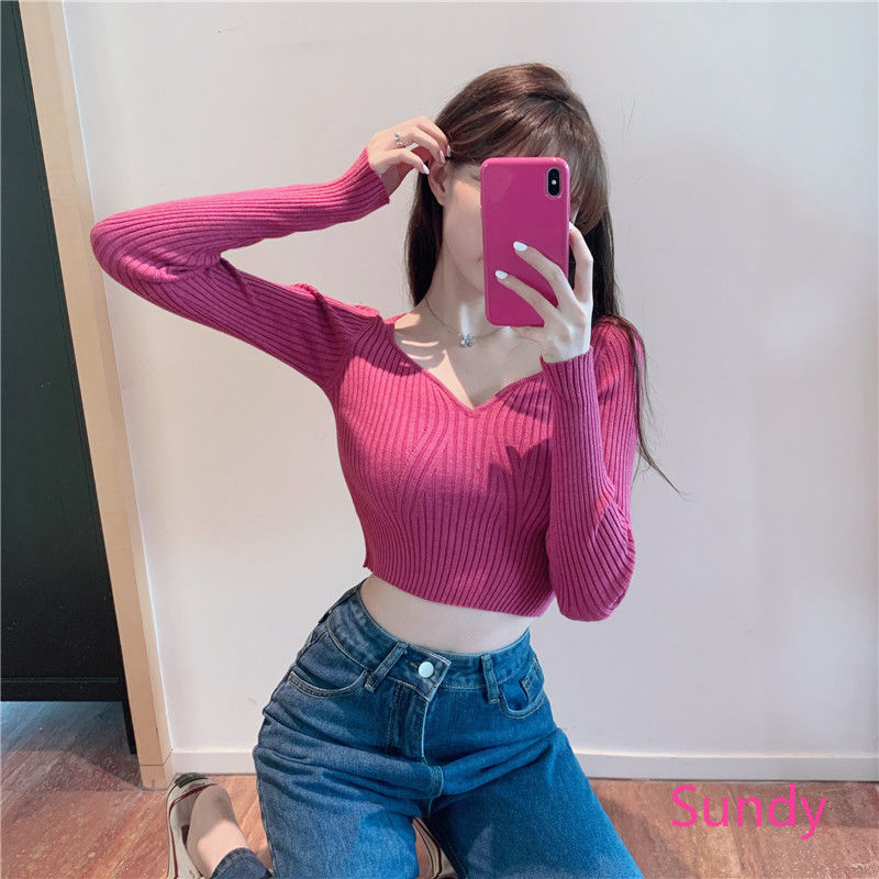 Áo Croptop Dệt Kim Tay Dài Cổ Chữ V Quyến Rũ Cho Nữ | BigBuy360 - bigbuy360.vn