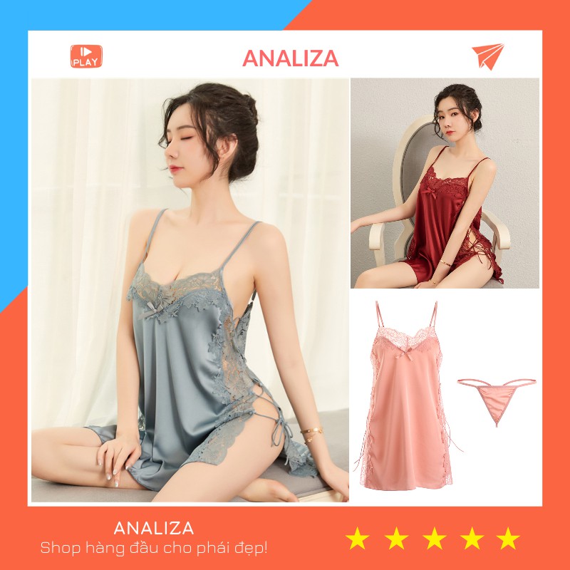 Váy ngủ sexy gợi cảm 2 dây lụa satin cao cấp đan dây hông (Hàng QC Cao Cấp) VN542