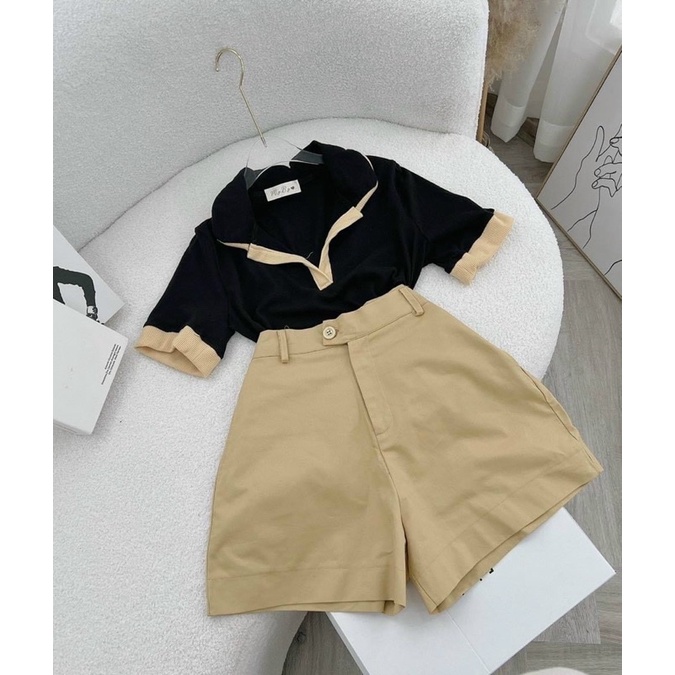 SET PULL ĐEN VIỀN CỔ POLO + SHORT KAKI NÂU