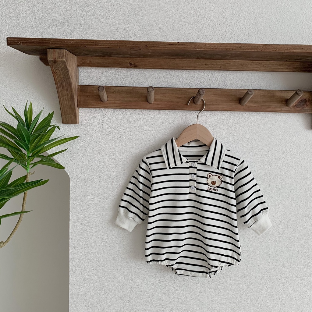 Áo Liền Quần Dài Tay Kẻ Sọc Thêu Hình Gấu Dễ Thương Cho Bé