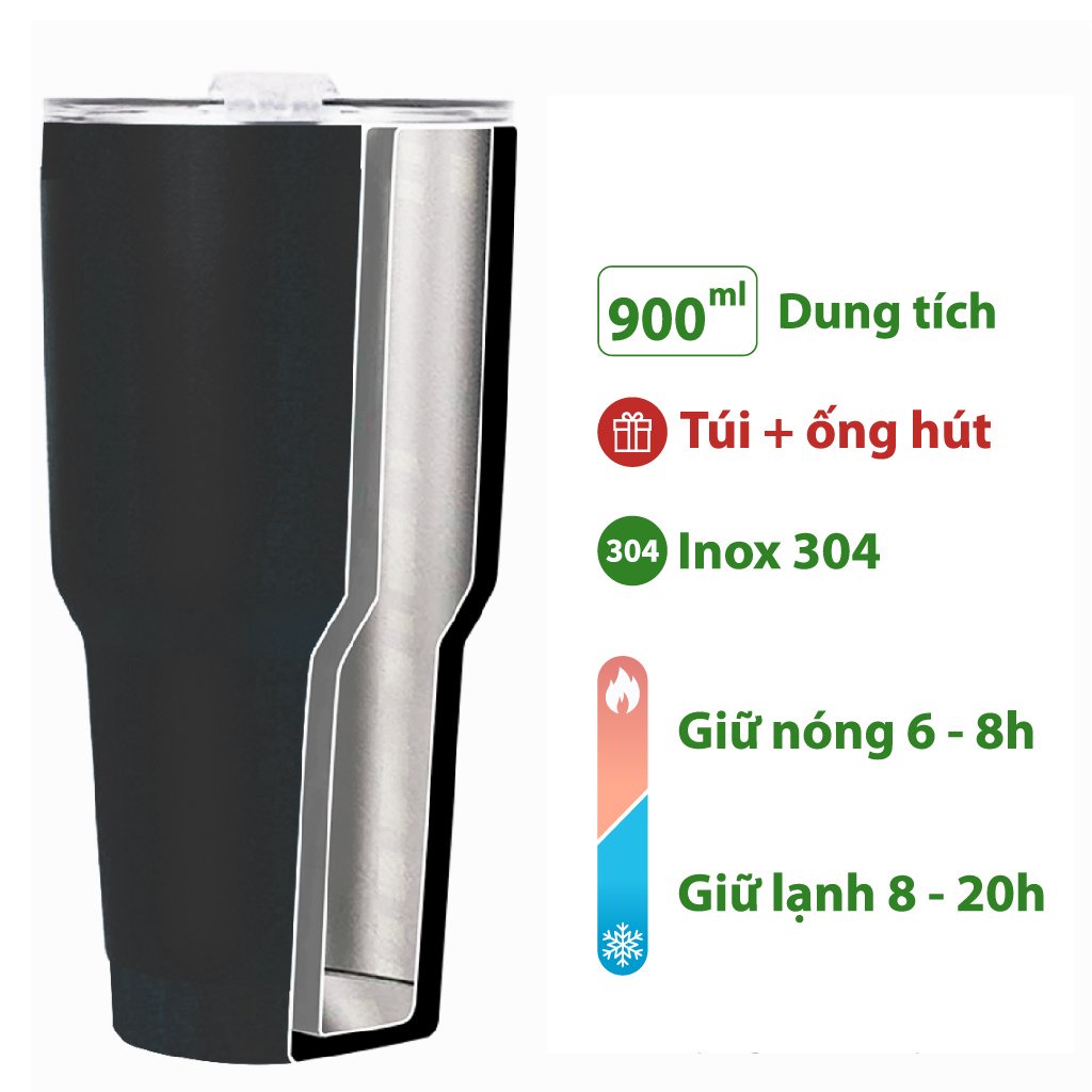 Ly giữ nhiệt 900ml HVP dạng cốc nước, chất liệu inox 304, giữ nóng/lạnh 8h-10h, có tặng kèm ống hút và túi vải - LGN01