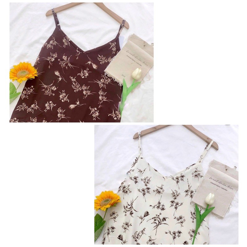 [Ảnh thật/Video]Váy hai dây Chiffon hoạ tiết hoa lá Đầm hai dây lụa hoa vintage