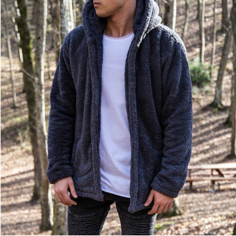 Áo khoác hoodie lông cừu tay dài dáng rộng phối túi sành điệu cho nam