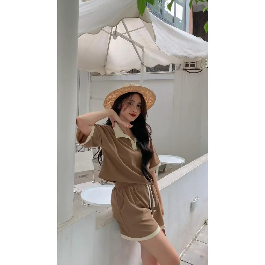 Bộ áo polo dáng ngắn mix sooc tổ ong phối viền nữ [FREESHIP] Set cộc tay kiểu hàn quốc bánh bèo tiểu thư ulzzang