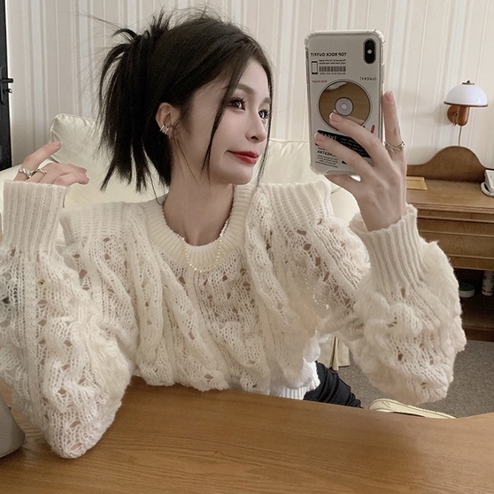 NUZIRO  Áo sweater Dệt Kim Mỏng Mềm Khoét Vai Dáng Ngắn Phong Cách Hàn Quốc Cho Nữ