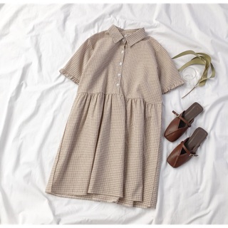 Váy babydoll cổ nhọn caro nhỏ
