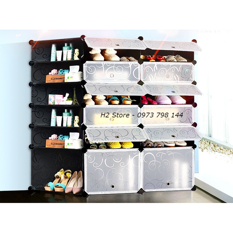 TỦ NHỰA LẮP GHÉP ĐA NĂNG THÔNG MINH ĐỂ GIÀY 2 Ô TO + 10 Ô NHỎ + 6 KỆ GÓC MÀU ĐEN CỬA TRẮNG TRONG