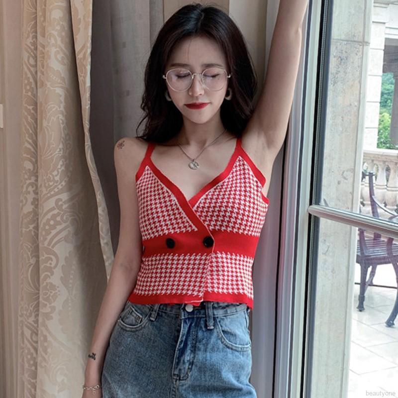 Áo dệt kim không tay họa tiết caro cổ V thời trang cho nữ | BigBuy360 - bigbuy360.vn