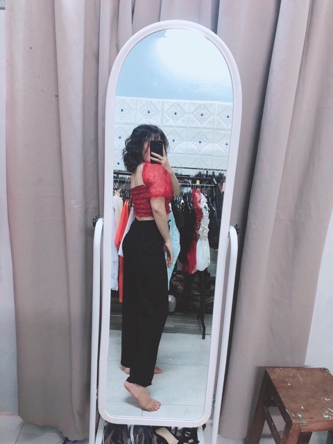 Áo croptop nhún tay phồng phối voan kiếng