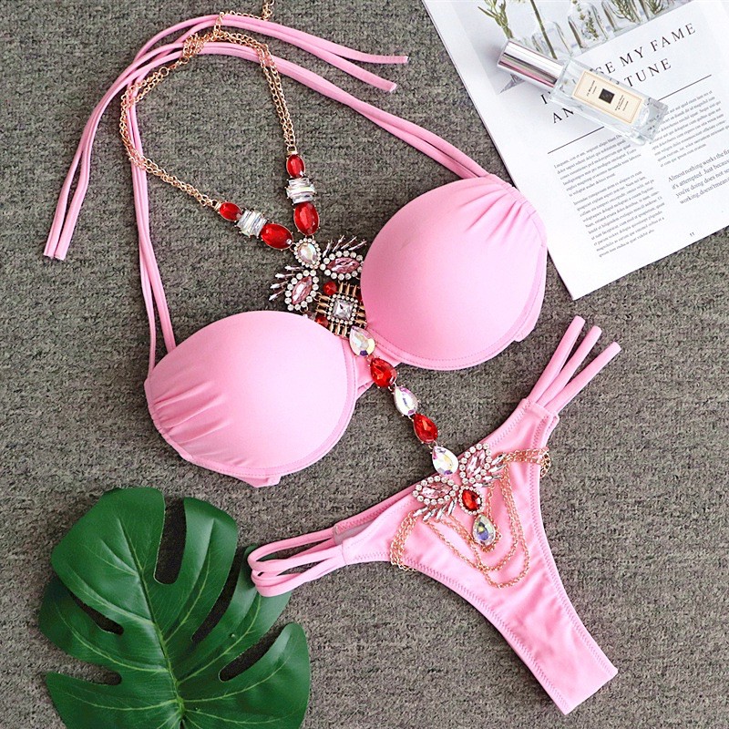 [BKN895] <ÂU> SET BIKINI HỒNG BABY MIX ĐÁ CAO CẤP QUẦN THONG/LỌT KHE (CÓ GỌNG)