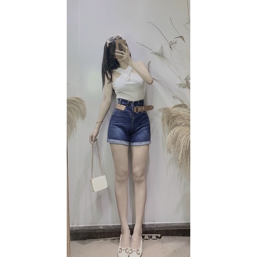 Quần short bò đai da lật gấu B95