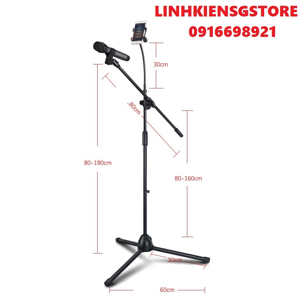 ♻ Chân Đế Micro  Boom Mic Stand Đứng Có Kẹp Điện Thoại Tăng Giảm Chiều Cao