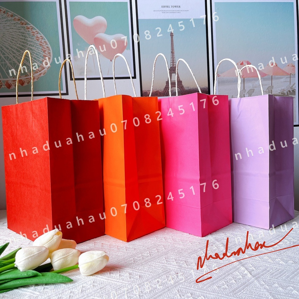 Túi xách giấy kraft màu sắc đựng hộp quà sang trọng nhã nhặn size 21x27x11cm