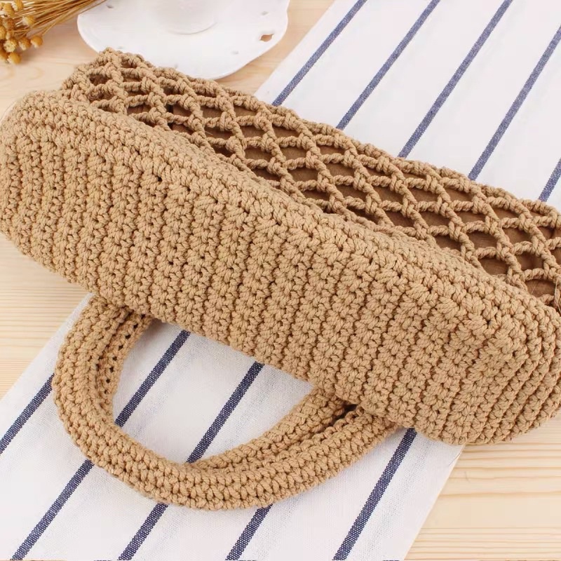 Túi Cói Xách  Sợi Len Đan Thủ Công Macrame Thưa Lót Vải Có Đệm Đáy