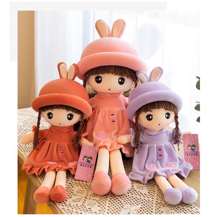 Gấu Bông Búp Bê Váy Nhung Tim Mũ Tai Thỏ Qùa Tặng Dành Cho Bé Gái Gấu Bông Cao Cấp Hama MỚI