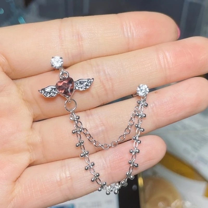 Khuyên Tai Dạng Hạt Tua Rua Đôi Hình Trái Tim Đôi Cánh Thiên Thần Helix Lủng Lẳng