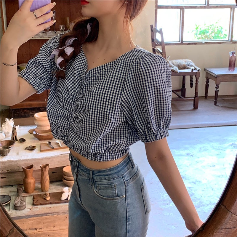 Áo Kiểu Cổ Chữ V Tay Ngắn Họa Tiết Sọc Caro Phong Cách Hàn Quốc Cho Nữ