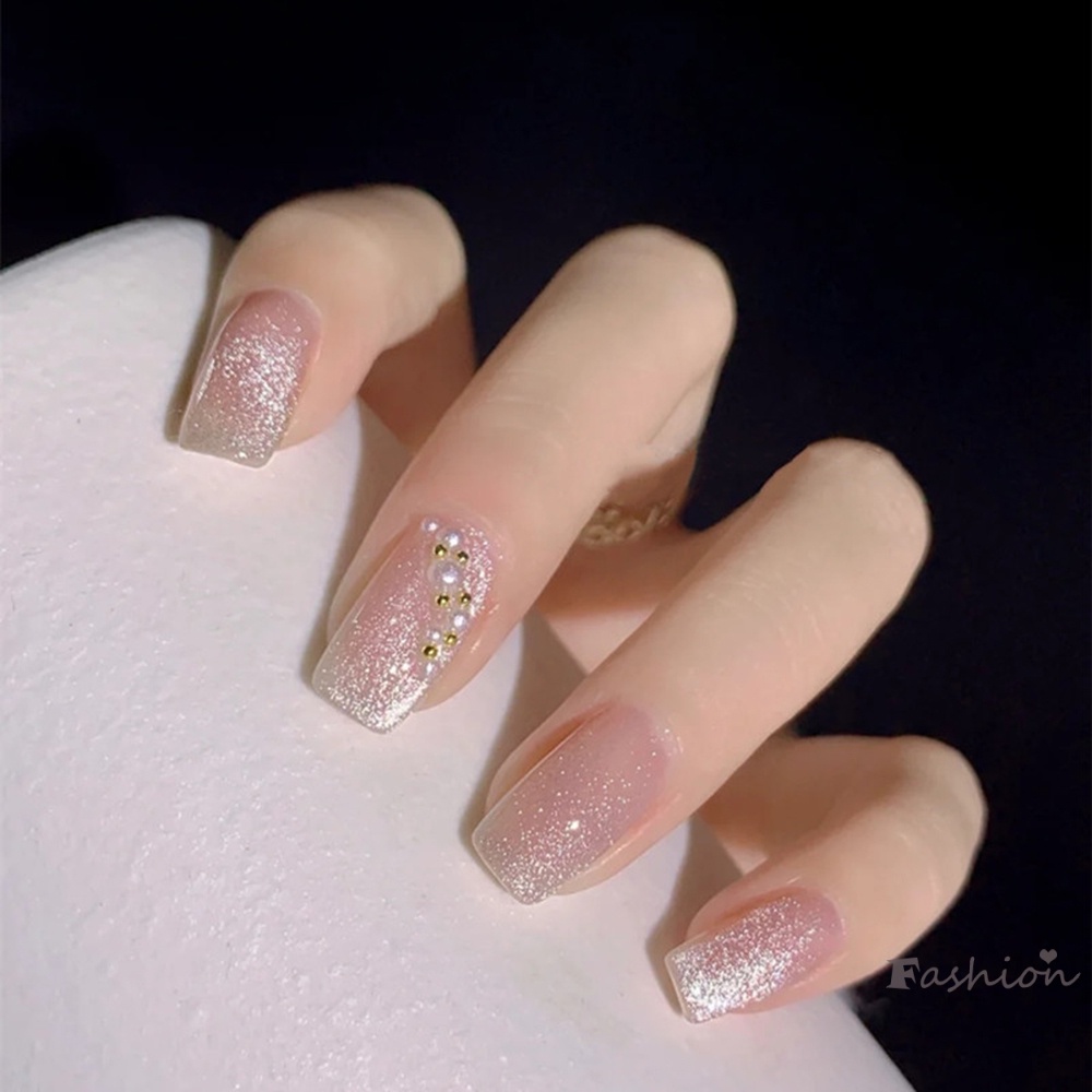 Bộ 24 Móng Tay Giả Đính Ngọc Trai Giả Màu Trắng Sáng Bóng Phong Cách Pháp Độc Đáo DIY