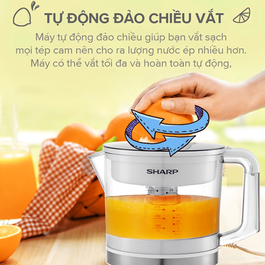 Máy Vắt Cam Điện Tự Động Đảo Chiều Sharp EJ-J256-WH 0.6L | Máy ép cam J415-WH 40W Cao Cấp 2 Đầu Vắt To Nhỏ Ép Kiệt bã