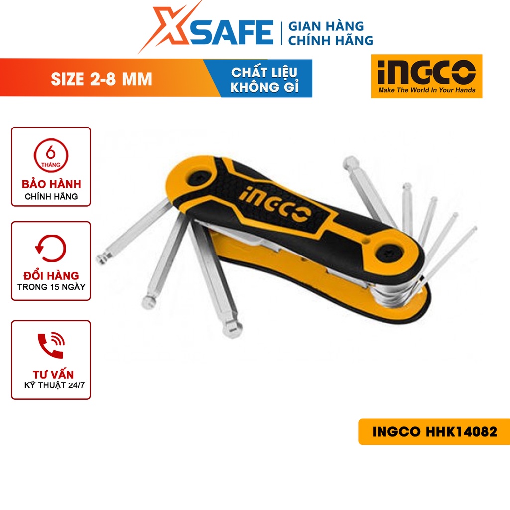 Bộ 8 chìa lục giác đầu tròn INGCO HHK14082 Lục giác đầu bi chất liệu thép CR-V, chịu nhiệt, mạ thép chrome