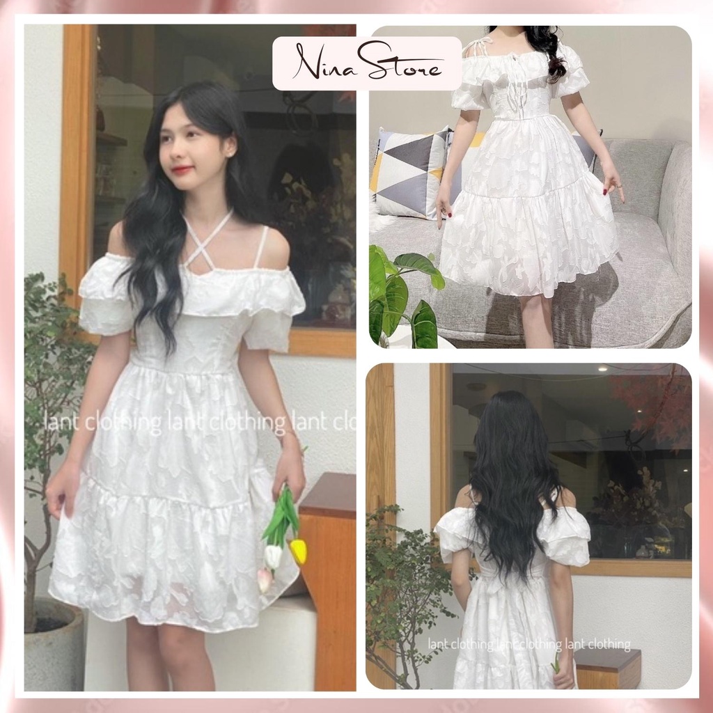 Váy nữ 2 dây ren trễ vai phối dây buộc cổ đầm babydoll nữ trắng hoạ tiết hoa ép tiểu thư sang chảnh NinaStore