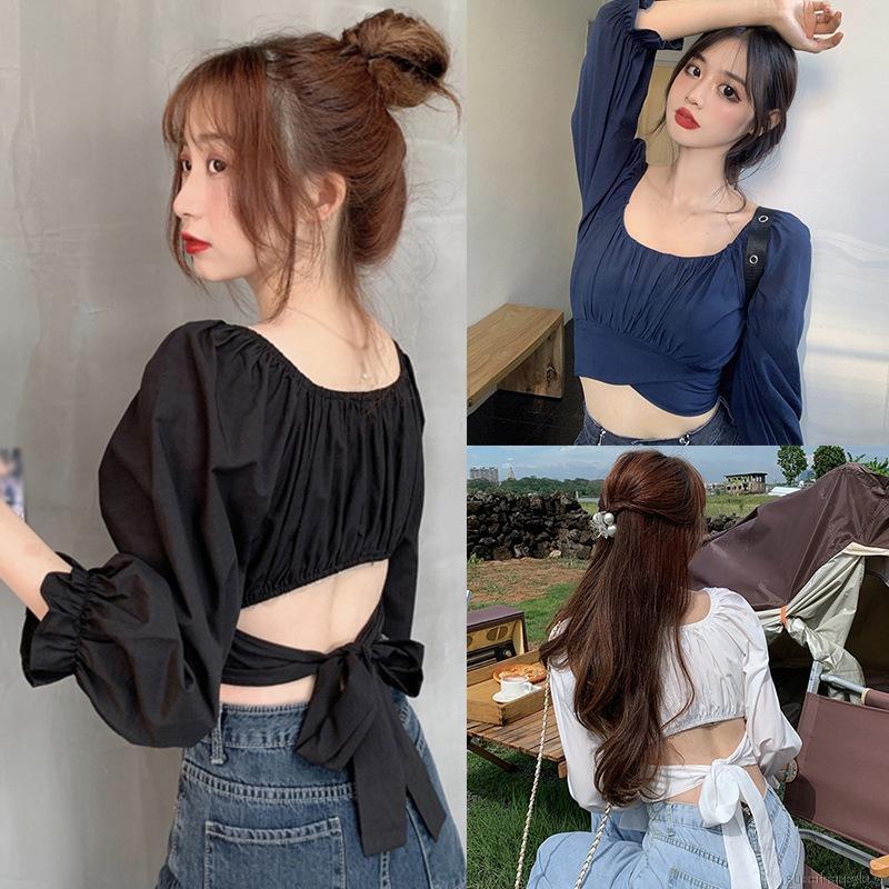 Áo croptop phong cách Hàn Quốc tay dài cổ vuông màu trơn phối nơ phía sau ngọt ngào gợi cảm cho nữ