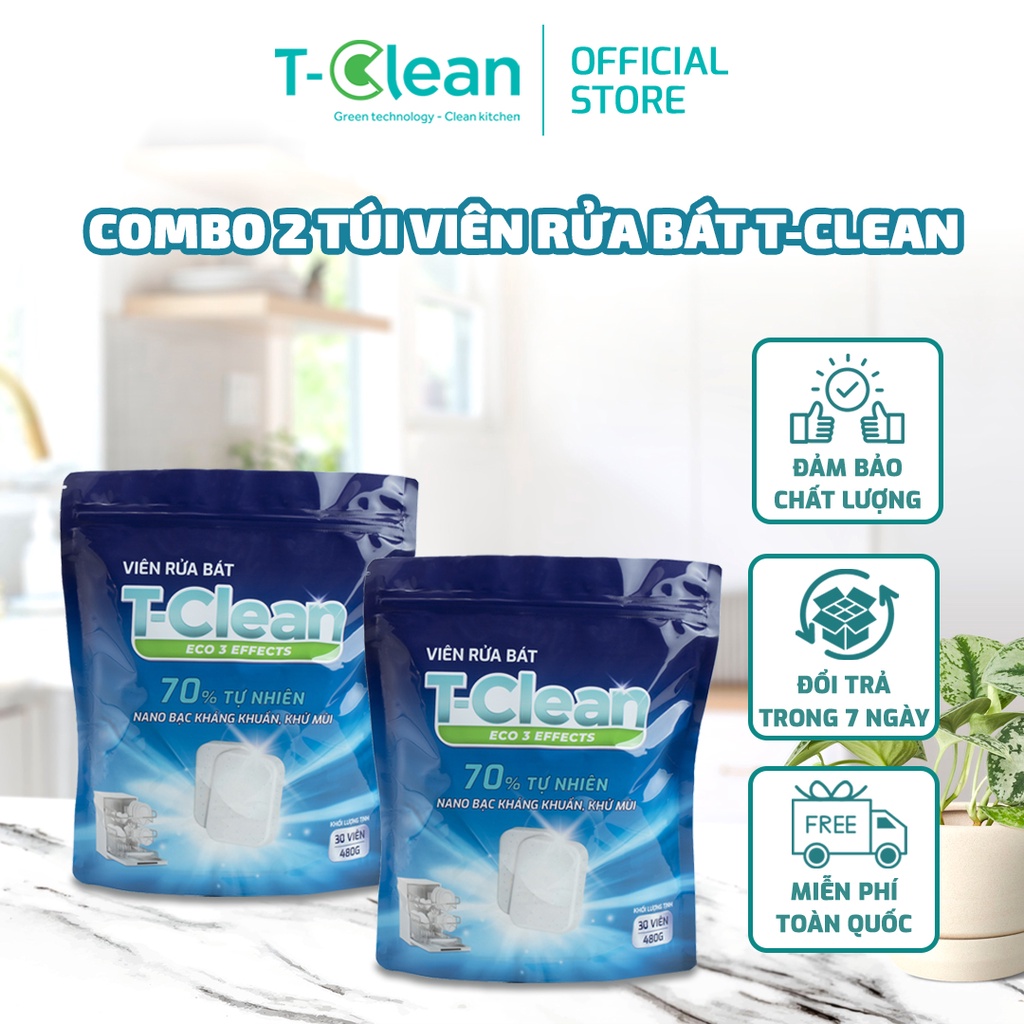 Combo 2 túi  Viên Rửa Chén TClean  - Viên Máy Rửa Bát Nano Bạc Kháng Khuẩn, Khử Mùi