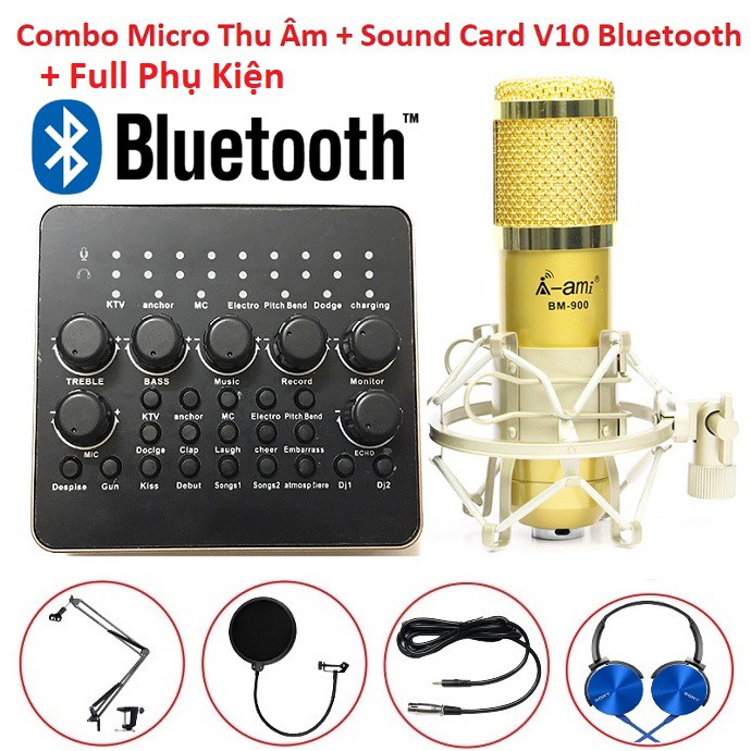 Combo Micro Thu Âm + Sound Card AQTA V10 Bluetooth Có Remote + Micro Bm 900 + Micro AQTA AQ 220 Tặng Tai Nghe