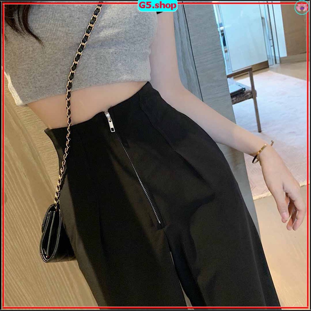 Quần nữ ống rộng lưng cao vải tuyết mưa, dáng suông dài khóa trước 2 màu đen trắng G5