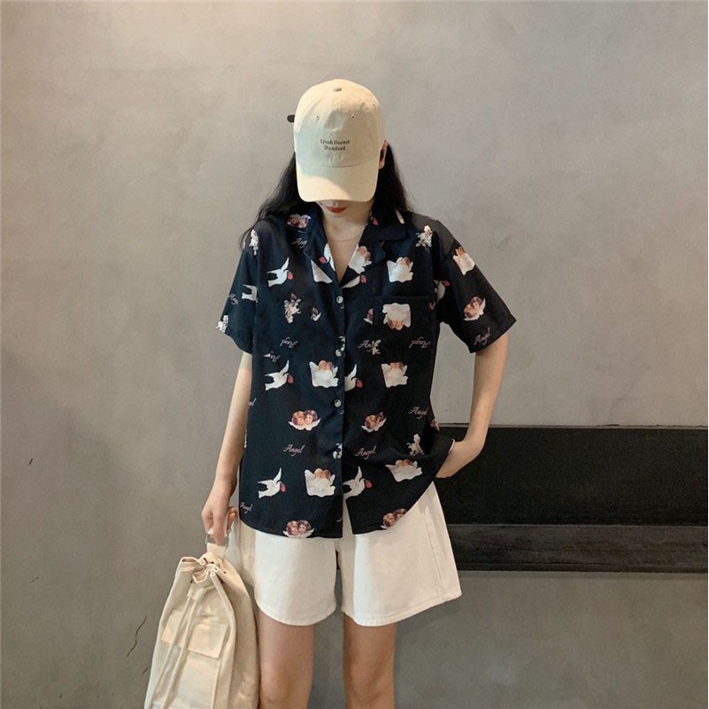 LEEVA - Áo sơ mi họa tiết Angel mùa hè thoáng mát: Angel đen