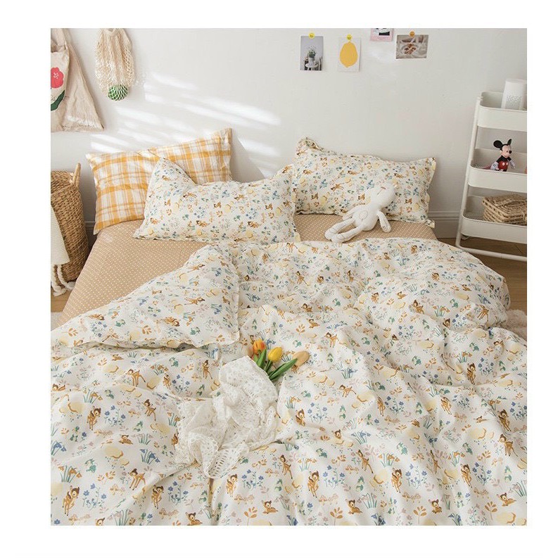 Bộ chăn ga gối Cotton poly M2T bedding Con nai nâu, vỏ chăn mền, drap nệm và 2 vỏ gối