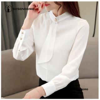 Áo Sơ Mi Chiffon Tay Dài Cổ Đứng Phong Cách Hàn Quốc