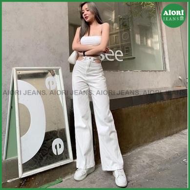 Quần Jeans Nữ Ống Rộng Aiori Cạp Cao Lưng Kiểu Khoét Eo Màu Trắng_Mã 3345