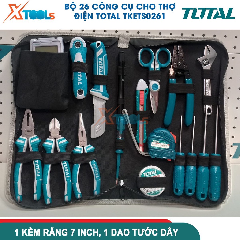 Bộ 26 công cụ dùng cho thợ điện TOTAL TKETS0261, gồm đồng hồ vạn năng kỹ thuật số, 6 inch cờ lê, kềm -CHÍNH HÃNG-XTOOLS