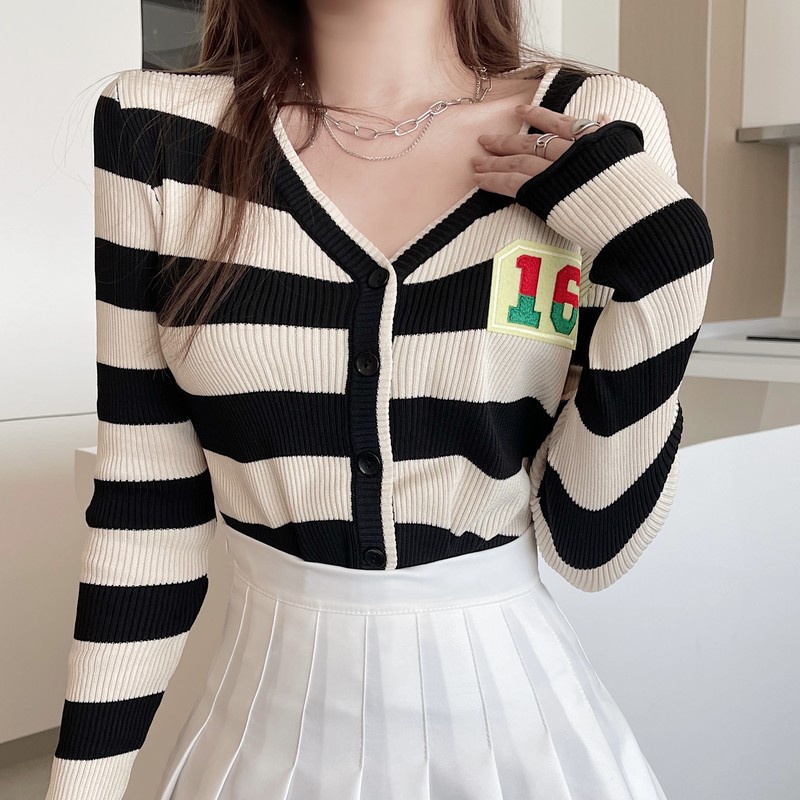 Áo Khoác Cardigan Dệt Kim Cổ Chữ V Dáng Rộng Kẻ Sọc Xinh Xắn