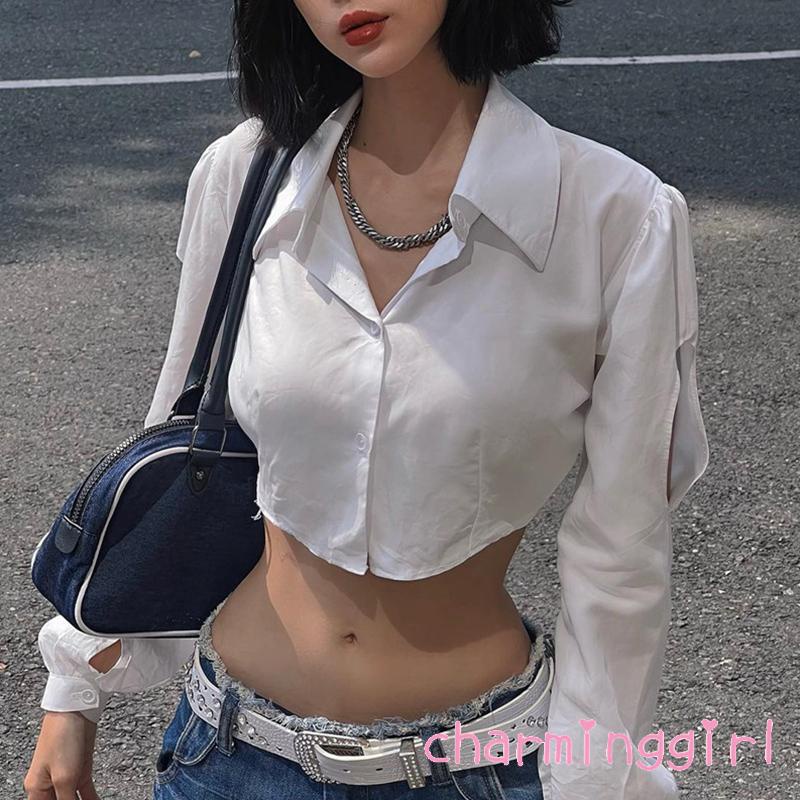 Áo Croptop Tay Dài Màu Trắng Thời Trang Xuân Thu Cho Nữ