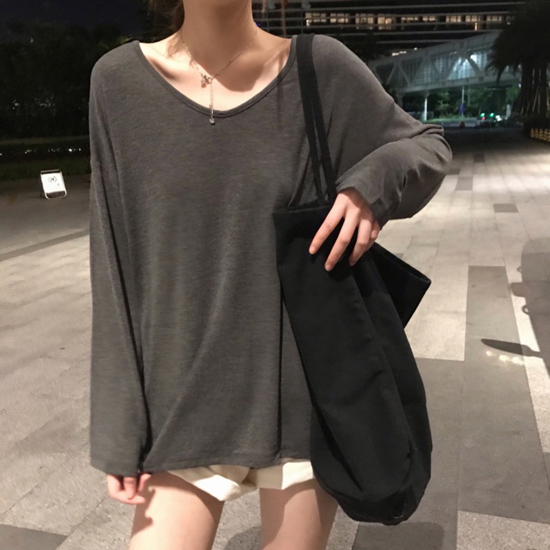 Áo thun nữ tay dài cổ chữ V màu sắc thời trang