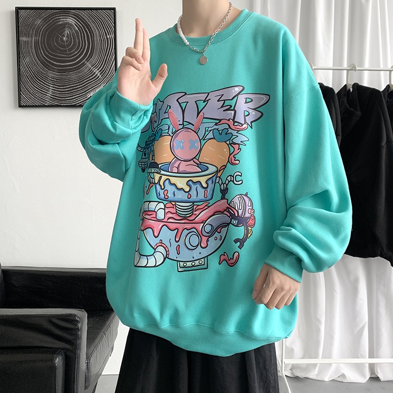 Áo thun tay dài cổ tròn dáng rộng in họa tiết graffiti phong cách hip hop Hồng Kông thời trang xuân thu dành cho nam