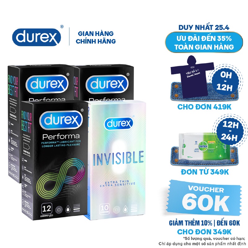 Bộ 3 hộp bao cao su Durex Performa 12 bao/hộp + 1 hộp Durex Invisible 10 bao/hộp