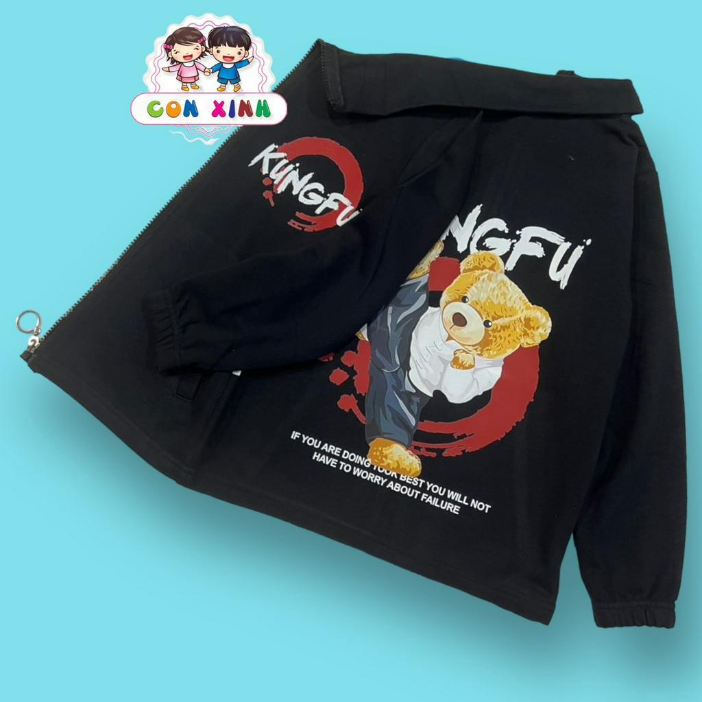Áo khoác dây kéo bé trai mùa hè Con Xinh hình in gấu KUNG.FU, thời trang cho bé từ 13 đến 50kg