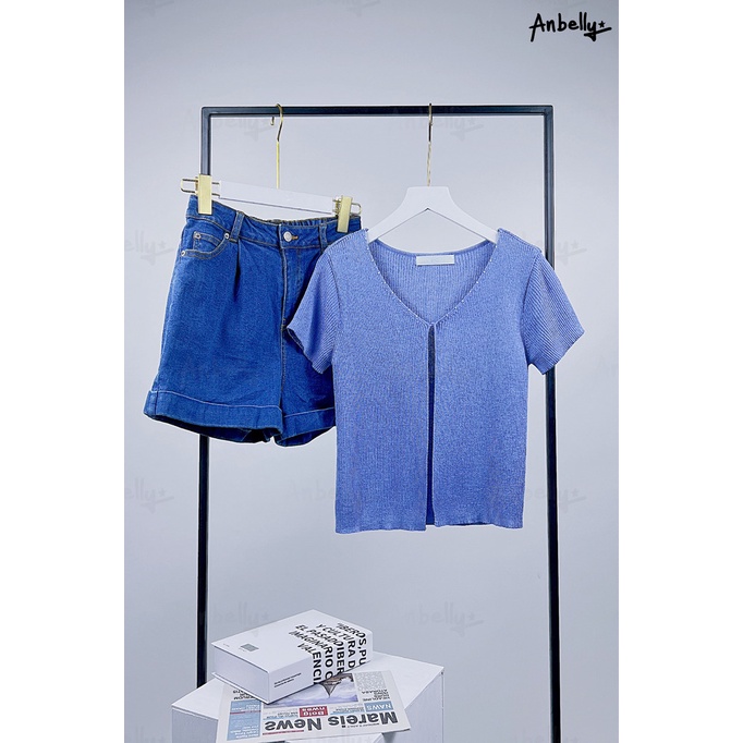 SET Anbelly Áo mongtoghi xanh cộc tay 1 khuy gài MS22A50 và quần bò xanh MS22Q56
