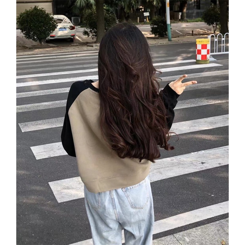 Áo sweater Tay Dài Hở Rốn Ghép Nối Màu Sắc Tương Phản In Chữ Cổ Điển Hàn Quốc Cho Nữ