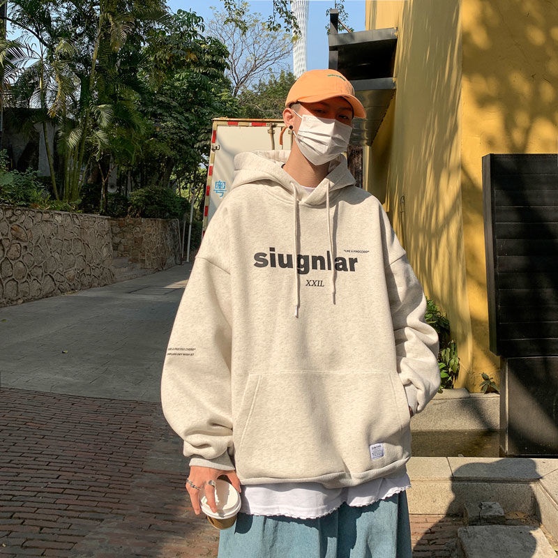 Áo hoodie vải nhung dày có mũ trùm dáng rộng dành cho nam