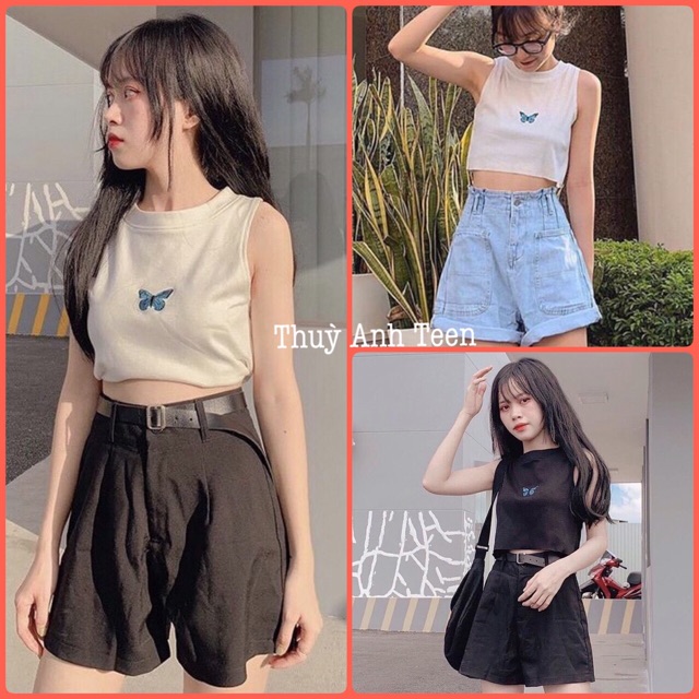 [Mã FAMAYWA giảm 10K đơn 50K] Áo Croptop 3 lỗ hình bướm xanh siêu xinh