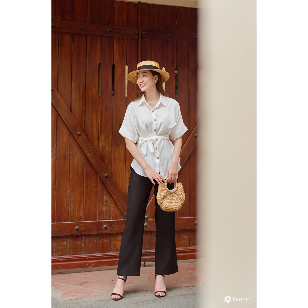 Áo sơ mi nữ trắng, dáng freesize, tay cánh rơi, ngắn tay, chất sợi sen thoáng mát, kèm đai rời Peony - OLIVIA TOP