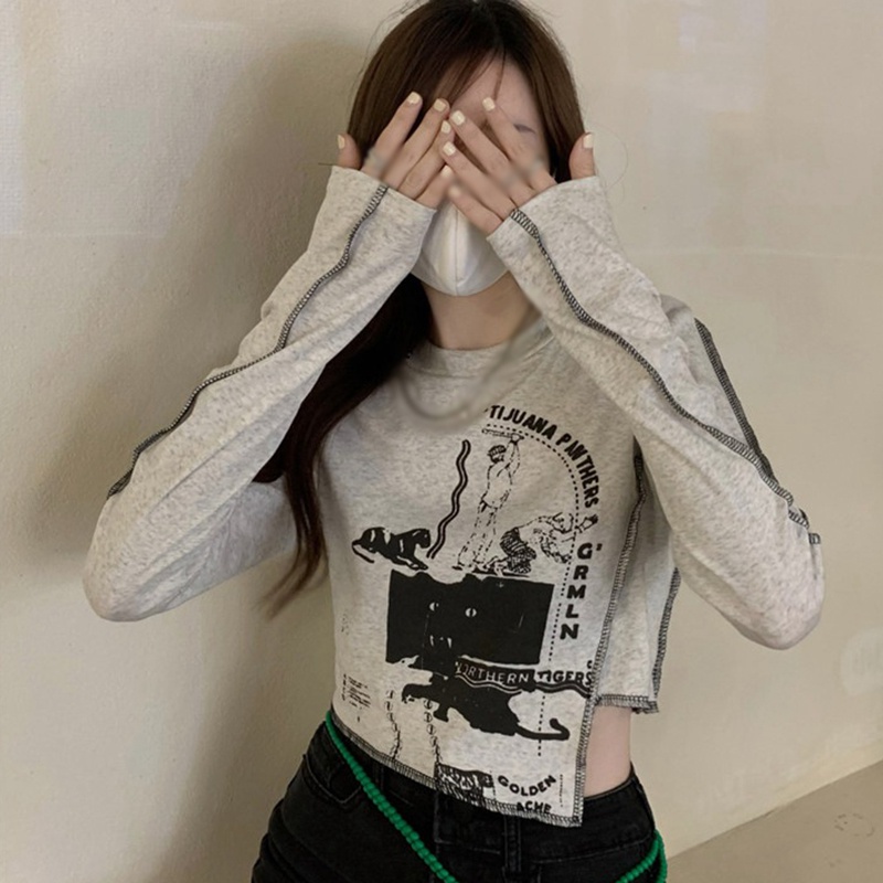 Áo Croptop Tay Dài Cổ Tròn Hoạ Tiết In Cho Phái Nữ