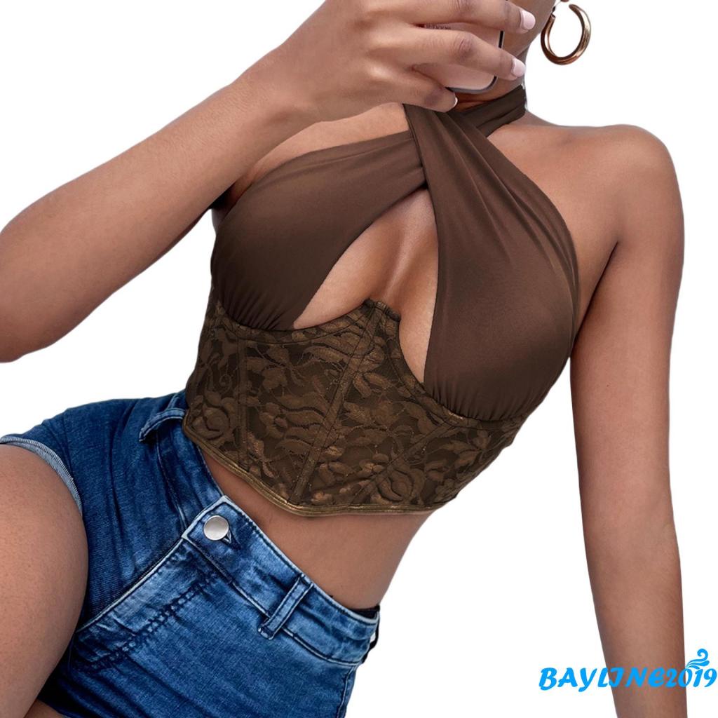 BAY-Female Camisole, Lace Floral Halter Neck Strappy Vest Sleeveless Crop Tops for Summer, Black, S/M/L
